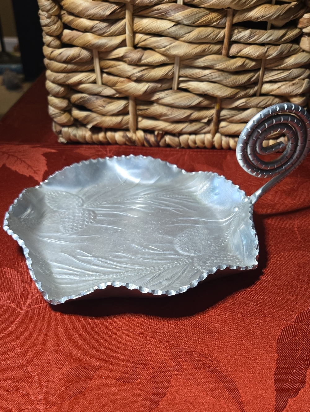 Vintage Hand Wrought Aluminum Serving Tray with Swirl Handle